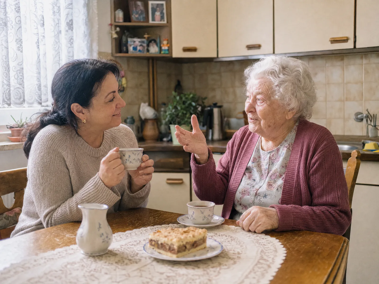 Njegovateljica i starija gospođa zajedno piju kahvu za kuhinjskim stolom