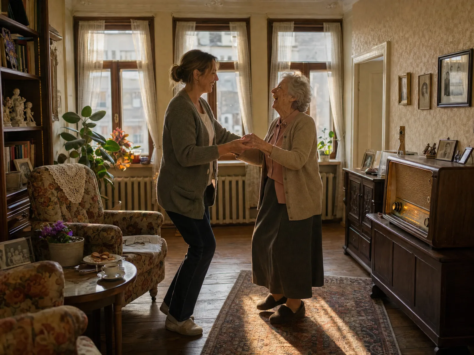 Njegovateljica i starija gospođa vesele se i plešu u dnevnoj sobi